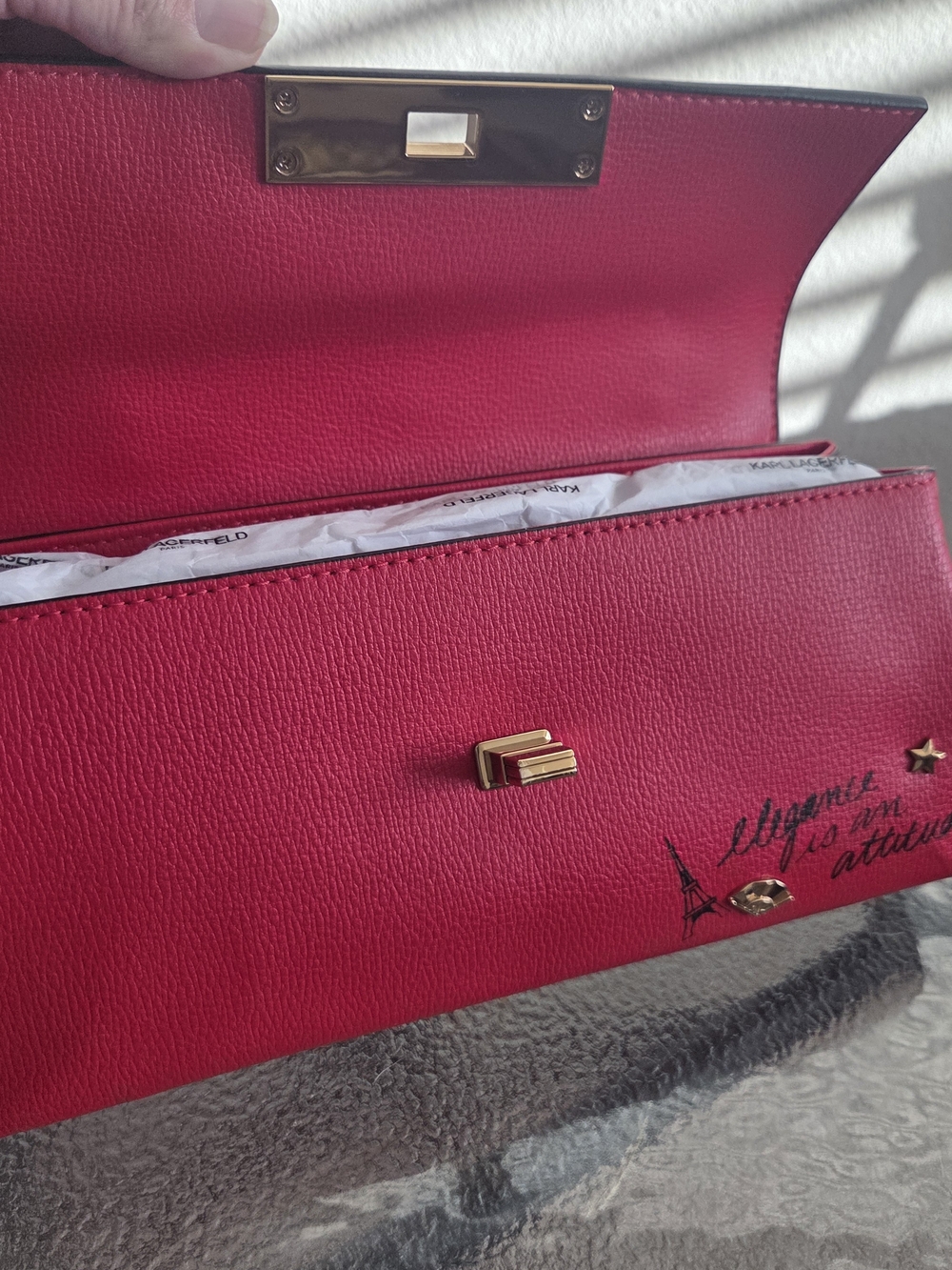Karl Lagerfeld Admiral Red Crossbody Satchel  Gold Hardware and Graphic Accents - Picture 9 of 16